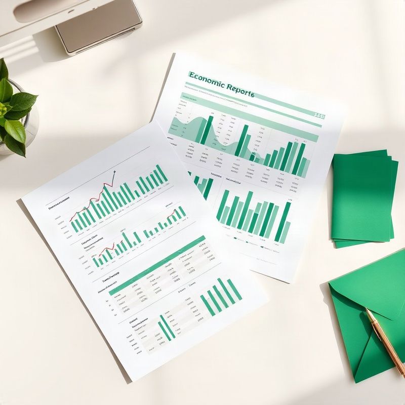 Informes económicos impresos y tablas estadísticas sobre un escritorio